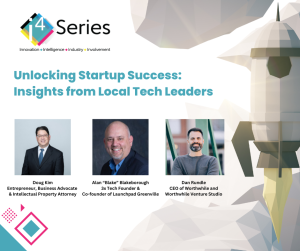 This is a graphic featuring the moderator and panelists for the i4Series event about Unlocking Startup Success: Insights from Local Tech Leaders